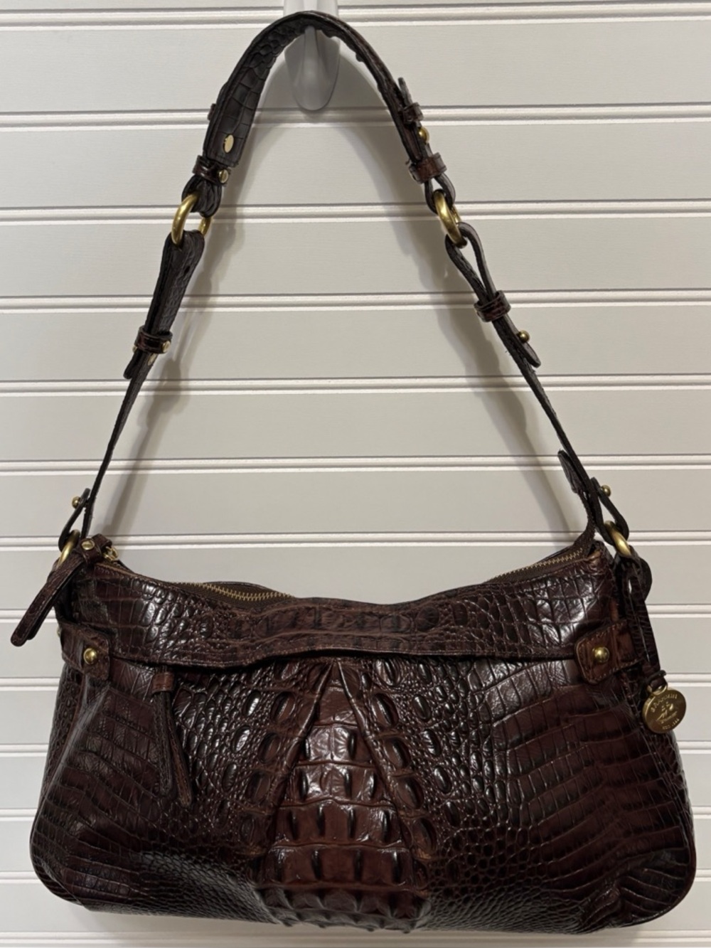 BRAHMIN Vintage Melbourne Pecan Croc Embossed Leather Hobo Shoulder Bag Purse
